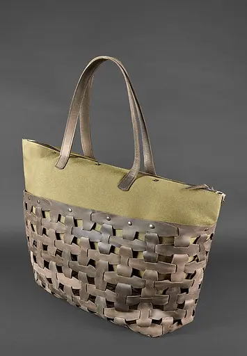 Шкіряна плетена жіноча сумка Пазл Xl темно-коричнева Crazy Horse - фото 5