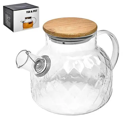 Заварник-графин "Rombs" 1.0 л с пружиной-ситом и бамбуковой крышкой. Стеклянный чайник [MD]