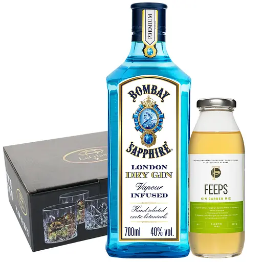 Набір: джин Bombay Sapphire 47% 0.7 л + напій Feeps Gin Garden Mix 300 г + набір склянок LeGlass 330 мл 6 шт. 