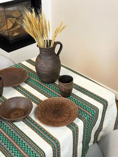 Лляна скатертина великодня з українським орнаментом Рандеву зелений 290х150 см - фото 6