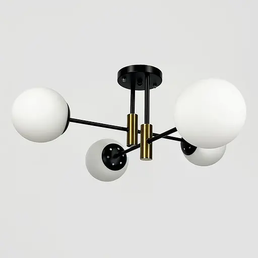 Стельова чорна люстра з латунною фурнітурою на 4 білих плафонів Ø 55 см | Line F | Арт. 81188/4 CP+BK+WT - фото 1