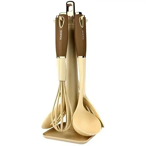 Набір кухонного приладдя Magio MG-1124 на підставці 5 предметів Бежевий - фото 1