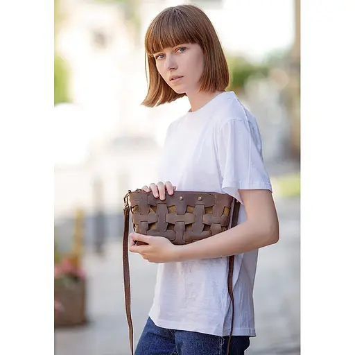 Шкіряна плетена жіноча сумка Пазл S темно-коричнева Crazy Horse - фото 7