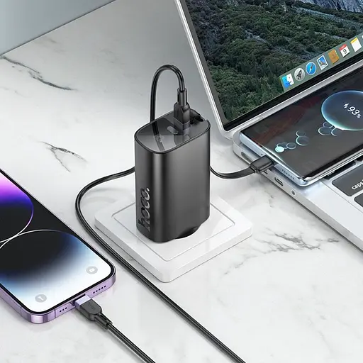 Мережевий зарядний пристрій Hoco J148 з вбудованим Power Bank 5000mAh PD 20W + кабель Type-C чорний - фото 6