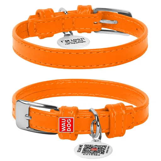 Ошейник для собак кожаный Waudog Glamour с QR-паспортом без украшений XS Ш 12 мм Д 21-29 см оранжевый