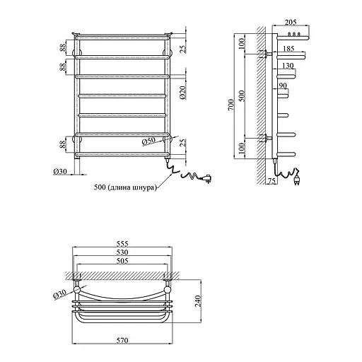 Полотенцесушитель электрический Kroner Канна ДК01ER 700x500/7 ER CV023838, Хром, Правое - фото 2