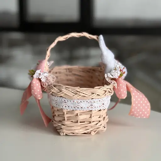 Пасхальная корзина 18х12х16см hand-made MIS LT розовая с бело-розовым декором и зайчиком - фото 3