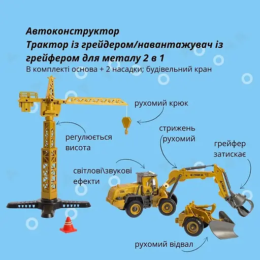 Машинка-конструктор Otamanko Автоконструктор Трактор із грейдером/навантажувач із грейфером для металу 2 в 1 - фото 2