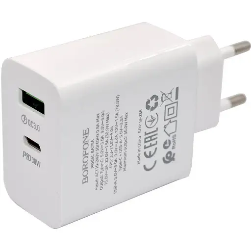 Адаптер зарядний Borofone BA75A Powerfull блок живлення 30 ватів 2 порти білий - фото 1
