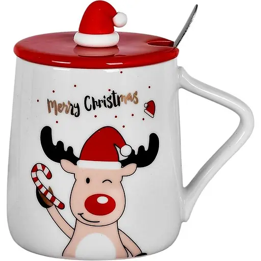 Новогодняя чашка с крышкой и ложкой С Рождеством Олень керамика 360 мл Белая с красным - фото 1
