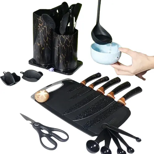 Набір кухонного приладдя 25 предметів з подвійною підставкою, обробною дошкою, набором ножів та прихватками Чорний мрамор - фото 4