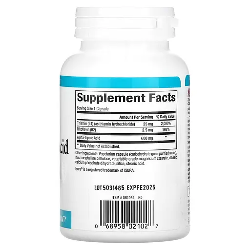 Альфа - ліпоєва кислота з вітамінами B1 та B2 600 мг Alpha - Lipoic Acid with B1 & B2 Natural Factors 60 вегетаріанських капсул - фото 2