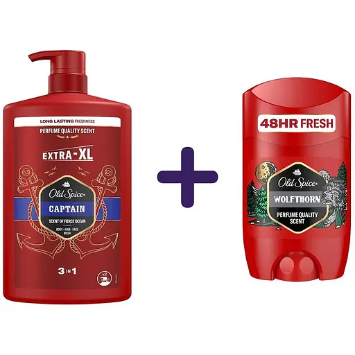 Набір: гель для душу та шампунь Old Spice 3 в 1 Captain 1 л + твердий дезодорант Old Spice Wolfthorn 50 мл