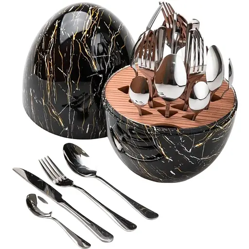 Набор столовых приборов TS Kitchen Черный мрамор на 6 персон из нержавеющей стали серебристые 24 штуки в яйце - фото 1