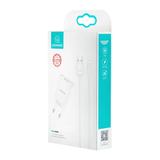 Мережевий зарядний пристрій Usams T21 Charger kit- T18 single USB EU charger + Lightning cable Білий - фото 2