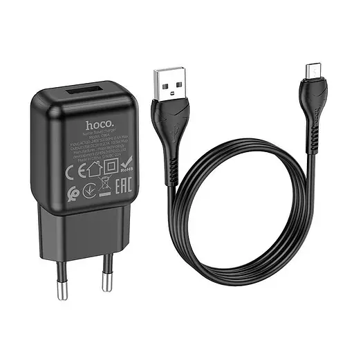 Набор зарядный Адаптер питания сетевой Hoco C96A + кабель Micro USB черный - фото 1