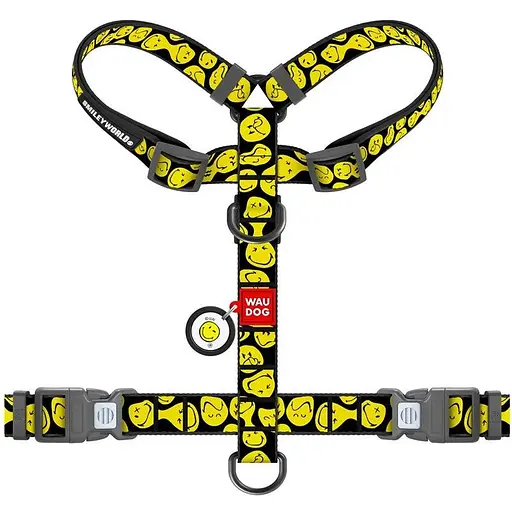 Шлея для собак Waudog Nylon анатомічна H-подібна з QR-паспортом, малюнок "Смайли на чорному", пластиковий фастекс, M - фото 2