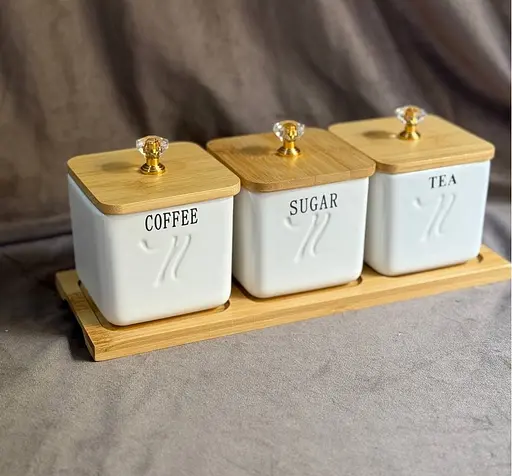 Набор банок 3 шт с крышками и бамбуковым подносом для хранения сыпучих 300 мл Белый - фото 4