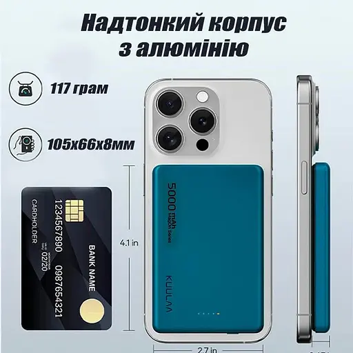 Повербанк MagSafe Kuulaa з бездротовою зарядкою для iPhone 5000 mAh 20W Dark Green - фото 4
