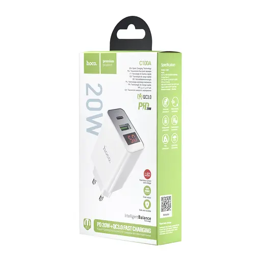 Мережевий зарядний пристрій Hoco C100A PD20W + QC3.0 charger with digital display ( EU ) Білий - фото 2
