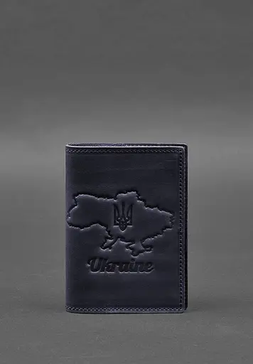 Кожаная обложка для паспорта с картой Украины синий Crazy Horse - фото 2