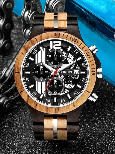 XIRUVE Дерев'яний кварцовий годинник для чоловіків Дата Хронограф з подарунковою коробкою з натурального дерева - фото 5