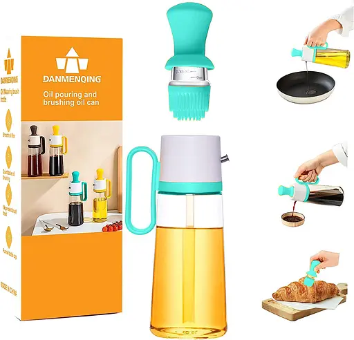 Диспенсер дозатор для масла уксуса соуса стеклянная бутылка с силиконовой щеткой 2в1 630 мл, Danmenqing Бирюзовый 85107 - фото 1