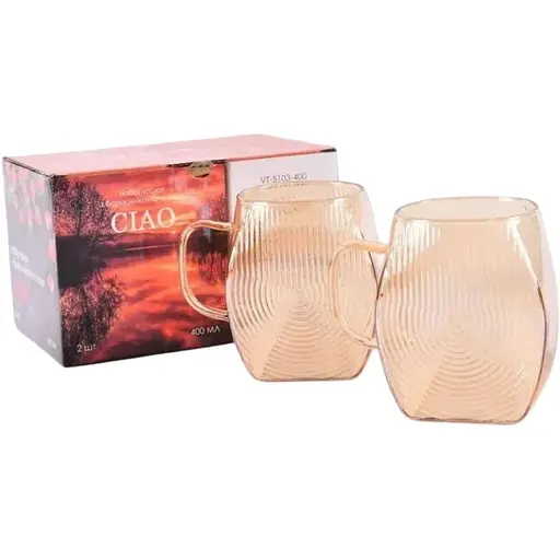 Набор кружек Vittora Ciao VT-5103-400 2 стеклянные чашки 400 мл Золотистый - фото 1