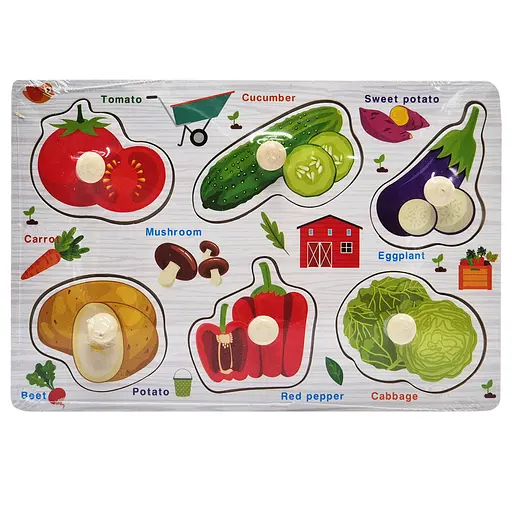 Деревяний пазл-вкладиш Овочі 73239-4 назви англійською мовою
