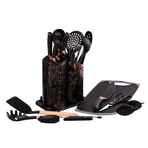 Набір кухонного приладдя 25 предметів з подвійною підставкою, обробною дошкою, набором ножів та прихватками Чорний мрамор - фото 2