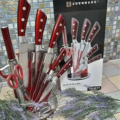 Набір кухонних ножів із нержавіючої сталі на підставці Edenberg EB-3619 9 предметів червоний - фото 3