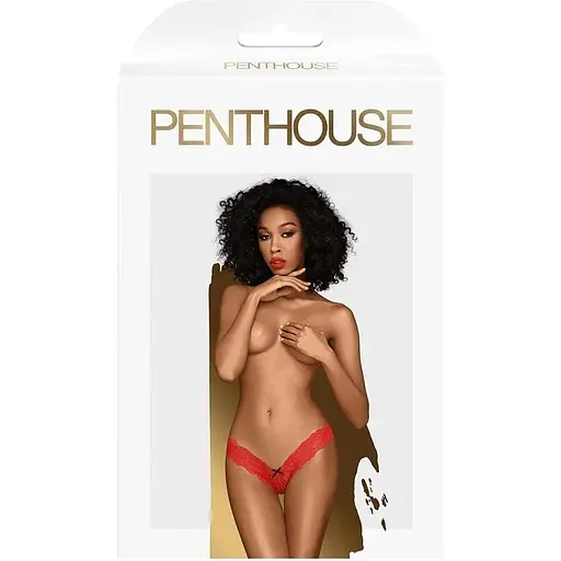 Трусики-тонг Penthouse Dangerous Darling S/M Red, кружево, высокая посадка, вырез спереди, бантик - фото 3
