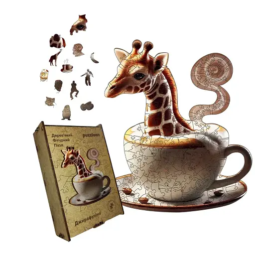 Деревянный фигурный пазл Джирафучино, А4, Картонная коробка 100 элементов.