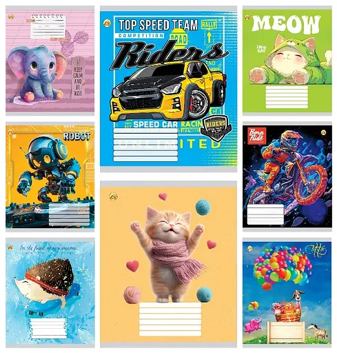 Зошити учнівські 12 аркушів коса лінія Тверда Мікс 9, 25 шт. в упаковці