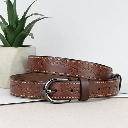 Ремень женский кожаный с цветами SF-255 коричневый (125 см) - фото 1