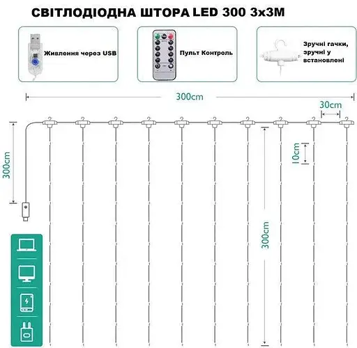 Гирлянда штора капля росы Sun Lamp 3х3 м 300 LED с пультом и USB питанием RGB - фото 4