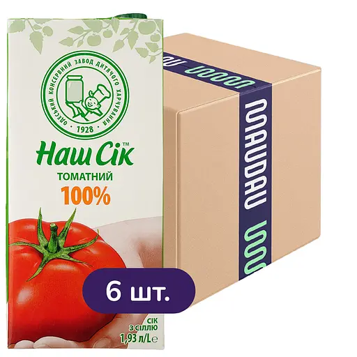 Упаковка сока Наш сік Томатный 100% с солью 11.58 л (1.93 л х 6 шт.) - фото 1