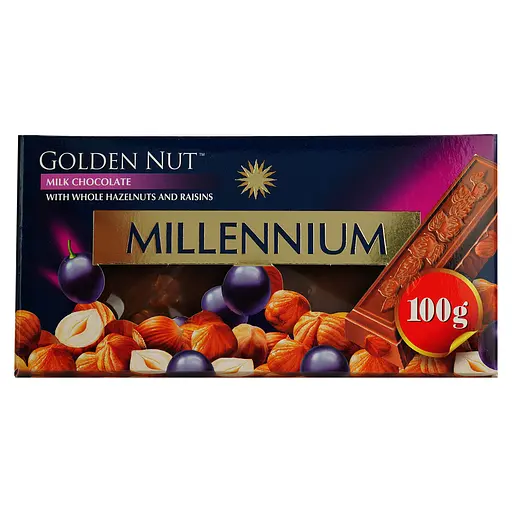 Уценка. Шоколад молочный Millennium Gold с целыми лесными орехами и изюмом 100 г - фото 1
