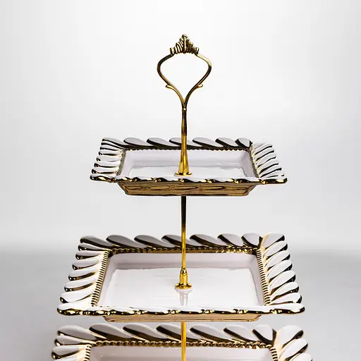 Фруктовница квадратная Yiwu Tiffany трехярусная для сервировки фруктов и сладостей 25х25х34 см фарфоровая стойка для закусок белая ML2083 - фото 3