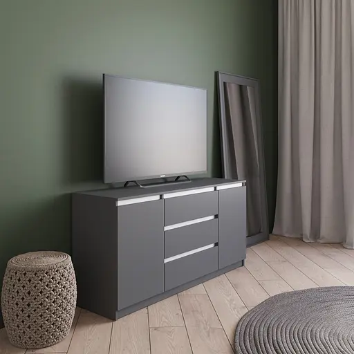 Комод под телевизор Vays R-15 Антрацит-Белые планки, 3 ящика и 2 отделения с полками, без ручек, ЛДСП, 140×40×75 см - для спальни, гостиной