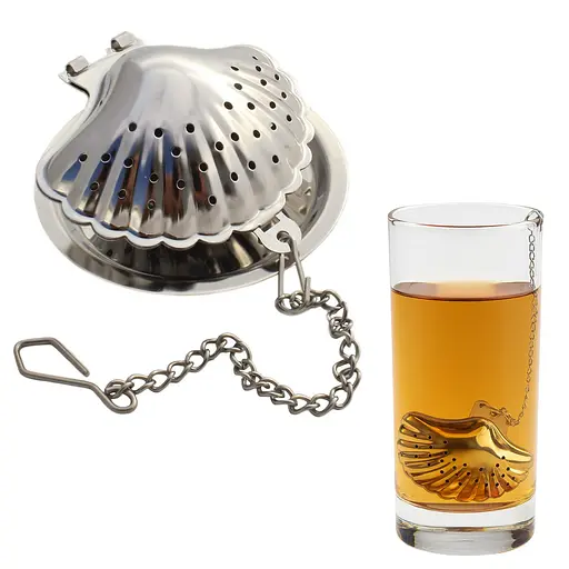 Ситечко заварник для заваривания чая и кофе в форме ракушки с цепочкой из нержавеющей стали Серебристый 88074 - фото 2