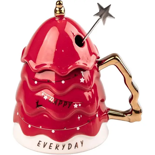 Керамічна чашка Різдвяна ялинка з кришкою та паличкою для розмішування 460 мл Червоний - фото 1
