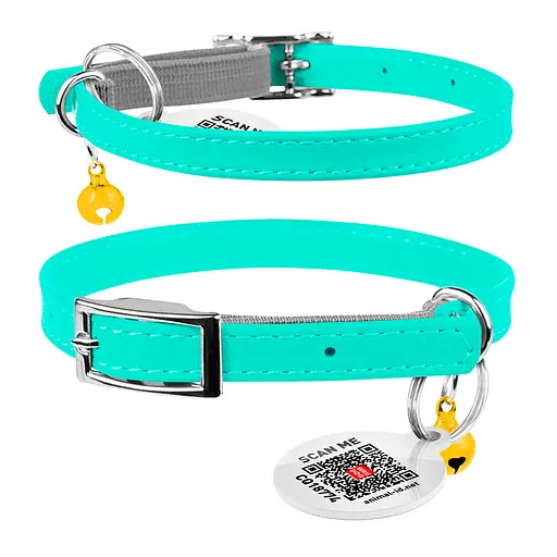 Ошейник для кошек кожаный Waudog Glamour с QR-паспортом без украшений XXS Ш 9 мм Д 22-30 см ментоловый