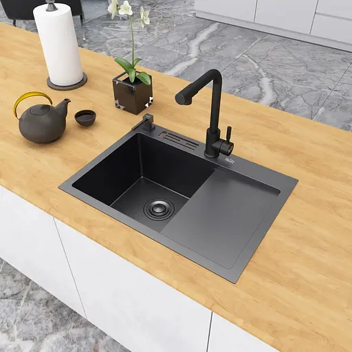 Кухонна мийка чорна накладна з правим крилом 1.5 мм Nett NB-6045(R), Чорний - фото 3