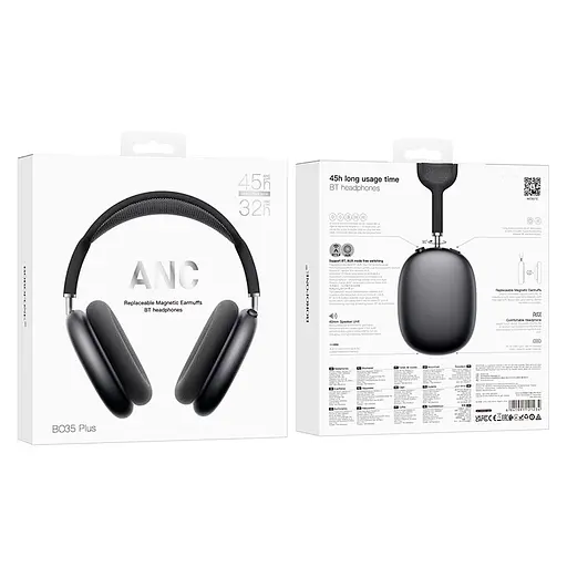 Накладні навушники Borofone BO35 Plus Adorable, ANC, BT headphones, BT5.4, AUX, 400mAh, 32h, 45h, grey - фото 6