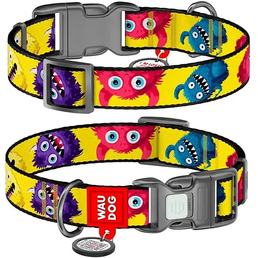 Нашийник для собак нейлоновий Waudog Nylon з QR адресником Мохнаті монстри S 1.5х 25-35 см - фото 1