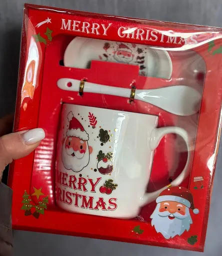 Чашка новогодняя Elisey 9150-005-1 Merry Christmas керамическая с ложкой и блюдцем 350 мл Белая - фото 5