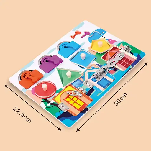 Игрушка деревянная бизиборд 30х22,5 см, рамка-вкладыш с ручкой, двери, задвижки, замки MD0887 - фото 2