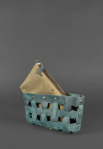 Кожаная женская плетеная сумка Пазл S зеленая Crazy Horse - фото 5