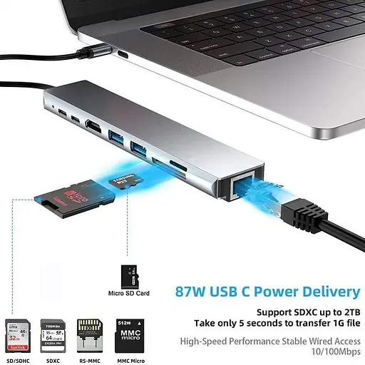 Хаб USB типа C HUB 8 in 1 PD100W 4K 30 Гц RJ45 USB 3.0 10 Гб/с - фото 7
